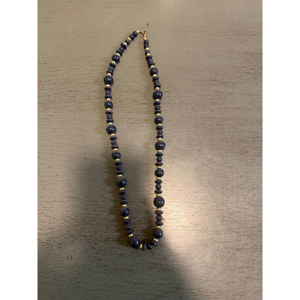 Vintage Navy Blue Beaded Necklace Gold Tone Accents 24 Inch Graduated Strand